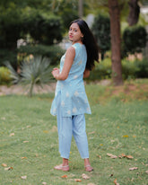 PASTEL BLUE COTTON EMBROIDERED KURTA SET